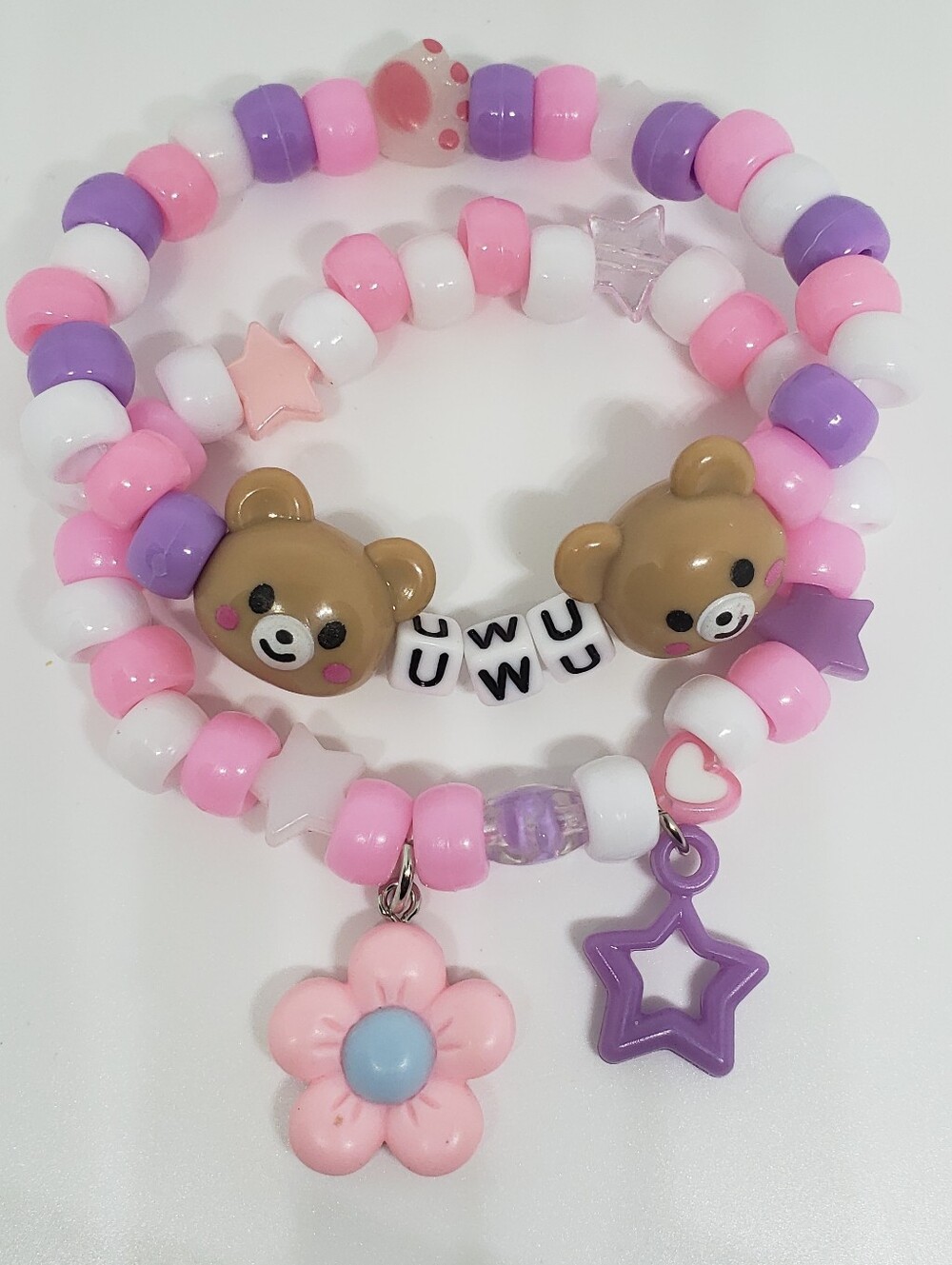 Handmade Pink Purple White UWU Kawaii Stackable Kandi Bracelets